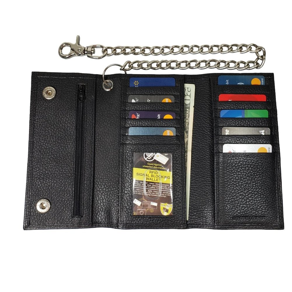 Men's Black Long Leather Motorcylce Biker Chain RFID Wallet NEW in BOX